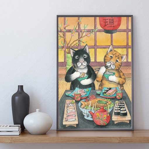 Samurai Cat Ramen Sushi Painting Funny Japanese Poster Cat 39 s Restaurant Print Canvas Ukiyoe Wall 2