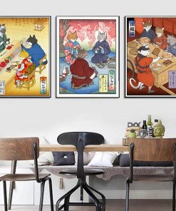 Samurai Cat Ramen Sushi Painting Funny Japanese Poster Cat 39 s Restaurant Print Canvas Ukiyoe Wall 3