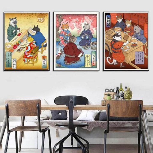 Samurai Cat Ramen Sushi Painting Funny Japanese Poster Cat 39 s Restaurant Print Canvas Ukiyoe Wall 3