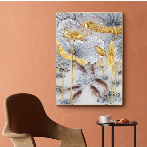 Style Decor Wall Pictures for Living Room Aisle Abstract Gold Lotus Fishes Canvas Painting Poster Art 1