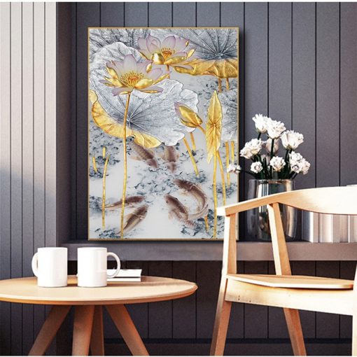 Style Decor Wall Pictures for Living Room Aisle Abstract Gold Lotus Fishes Canvas Painting Poster Art 2