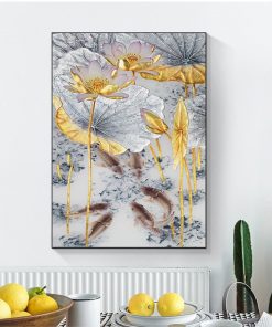 Style Decor Wall Pictures for Living Room Aisle Abstract Gold Lotus Fishes Canvas Painting Poster Art 3