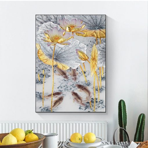 Style Decor Wall Pictures for Living Room Aisle Abstract Gold Lotus Fishes Canvas Painting Poster Art 3