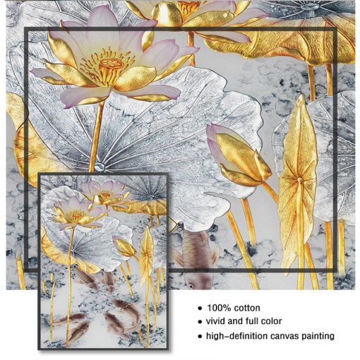 Style Decor Wall Pictures for Living Room Aisle Abstract Gold Lotus Fishes Canvas Painting Poster Art 4