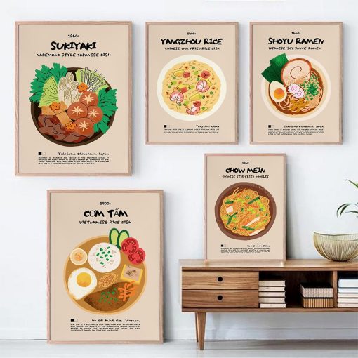 Trendy Ramen Fried Noodles Print Poster Chinese Japanese Indian Asian Food Retro Wall Art Canvas Pictures