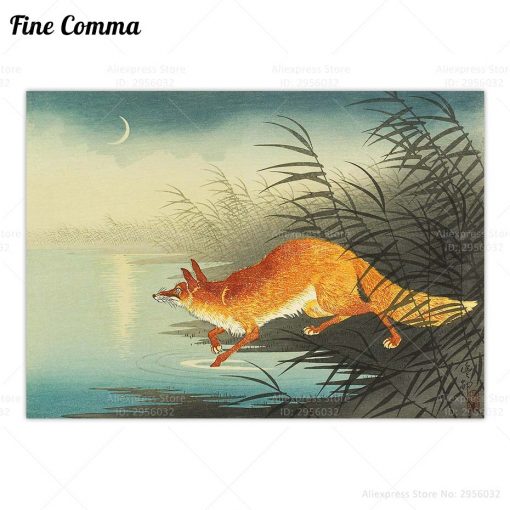 Vintage Poster Japanese Art Reproduction Red Fox by the Moonlit Water Ohara Shoson Asian Wall Art 1