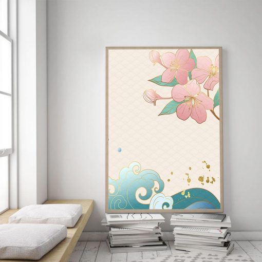 Waves Wall Art Nordic Retro Japanese Landscape Poster Tokyo Cherry Blossoms Canvas Painting Flower Picture For 2