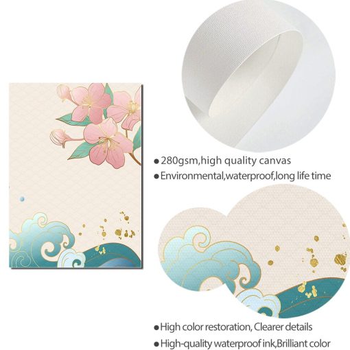 Waves Wall Art Nordic Retro Japanese Landscape Poster Tokyo Cherry Blossoms Canvas Painting Flower Picture For 4