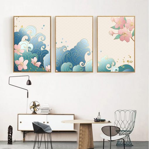 Waves Wall Art Nordic Retro Japanese Landscape Poster Tokyo Cherry Blossoms Canvas Painting Flower Picture For 5