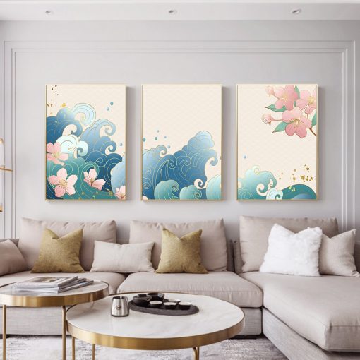 Waves Wall Art Nordic Retro Japanese Landscape Poster Tokyo Cherry Blossoms Canvas Painting Flower Picture For