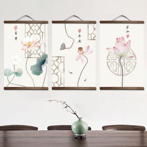 chinese style Lotus green plants canvas decorative painting Store bedroom living room wall art solid wood