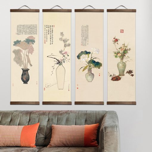 chinese style flower Green plants canvas decorative painting Store bedroom living room wall art solid wood 6