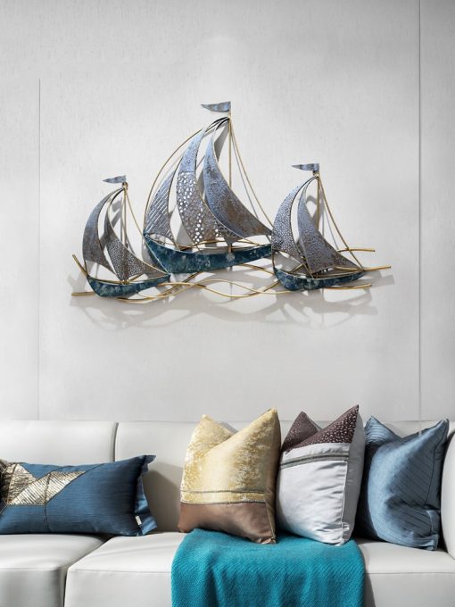 Modern Creative Wrought Iron Wall Hanging Sailboat Home Livingroom Background Wall Mural Crafts Hotel 3D Wall 1