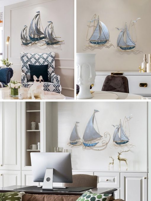 Modern Creative Wrought Iron Wall Hanging Sailboat Home Livingroom Background Wall Mural Crafts Hotel 3D Wall 2