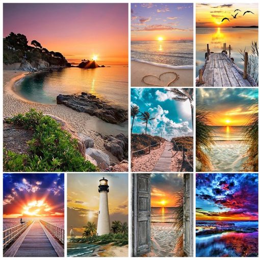 Landscape 5D Diamond Painting Kits Seaside Sunset Scenery Diamond Mosaic Beach Rhinestone Embroidery DIY Home Decor