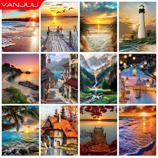 Seaside Scenery 5D DIY Diamond Painting Kit Sunset Scenery Cross Diamond Embroidery Painting Full Diamond Mosaic