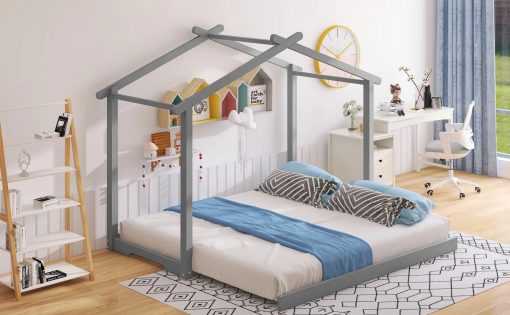 Twin House Platform Bed with Trundle Roof Design for Kid Room kid bed wooden bed 2